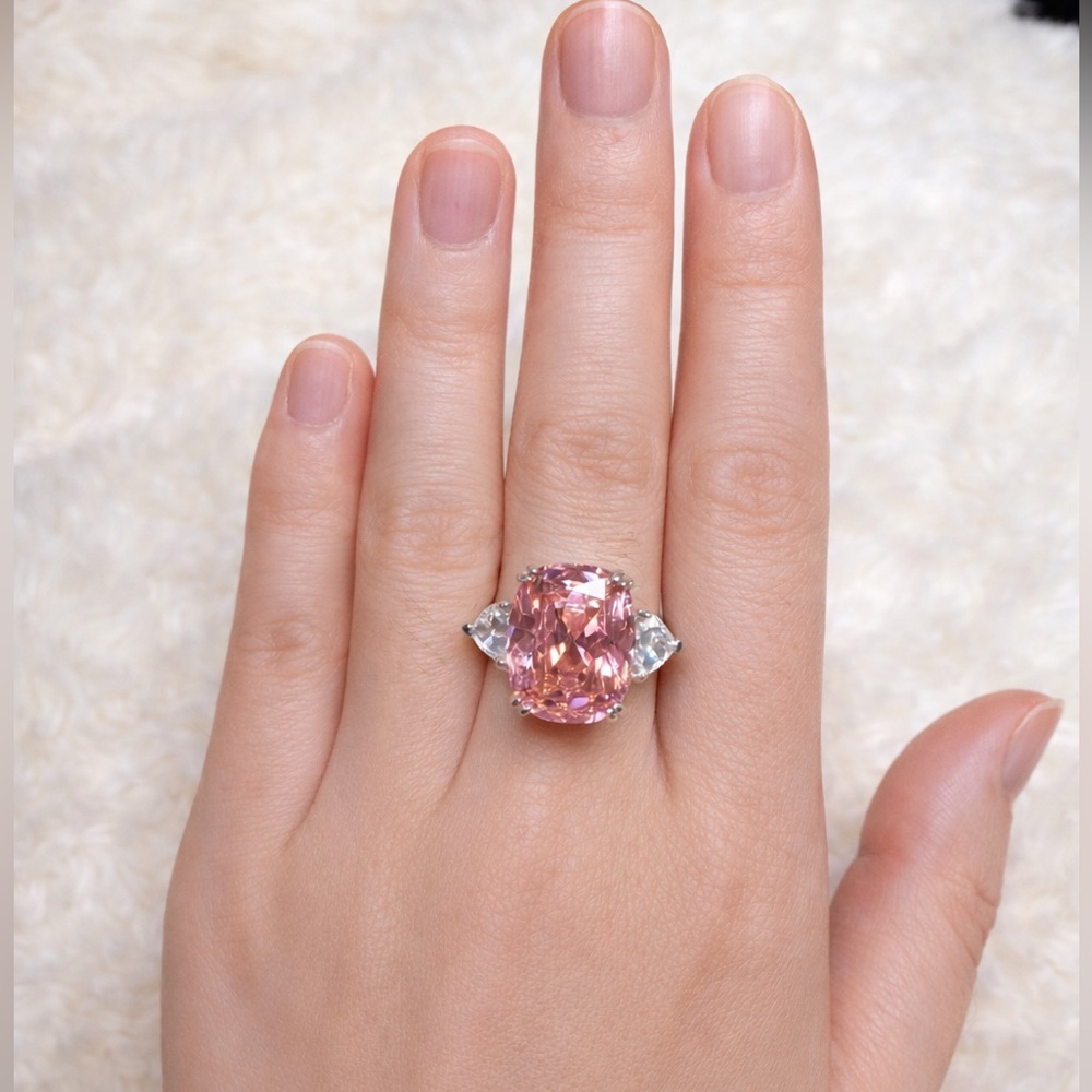 8 Carat Pink CZ Cushion Ring S925 Sterling Silver Adjustable Band Vacation Ring